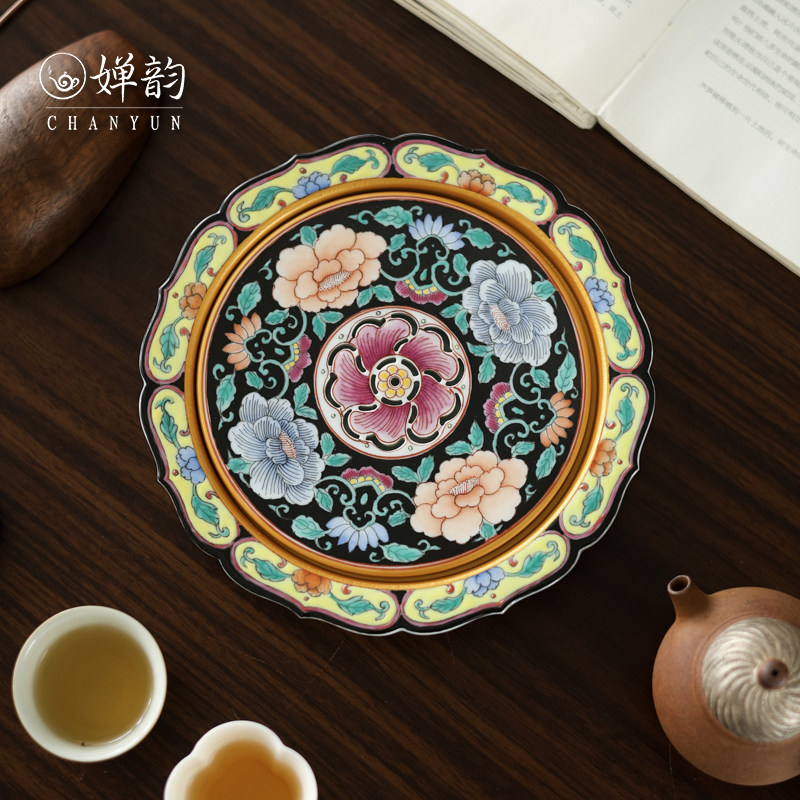 玲珑集墨地牡丹缠枝莲百花壶承