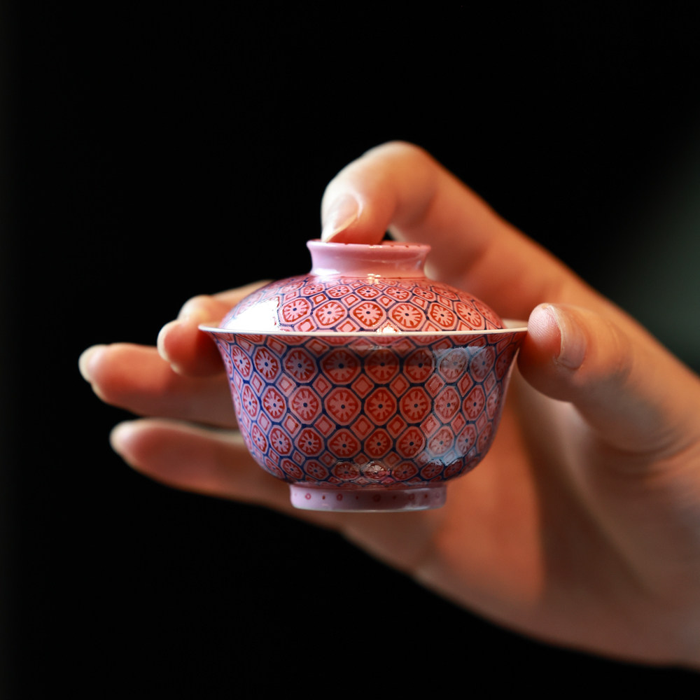 忘言造物茶具粉地锦地纹mini盖碗
