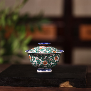 婵韵青樵轩茶具青花斗彩满工绿梅盖碗茶杯主人杯手绘复古家用茶具