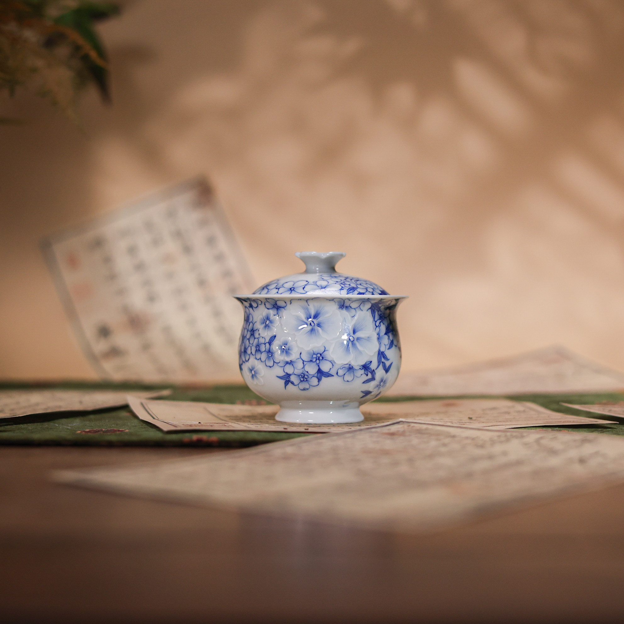 青樵轩茶具布袋樱花盖碗茶杯
