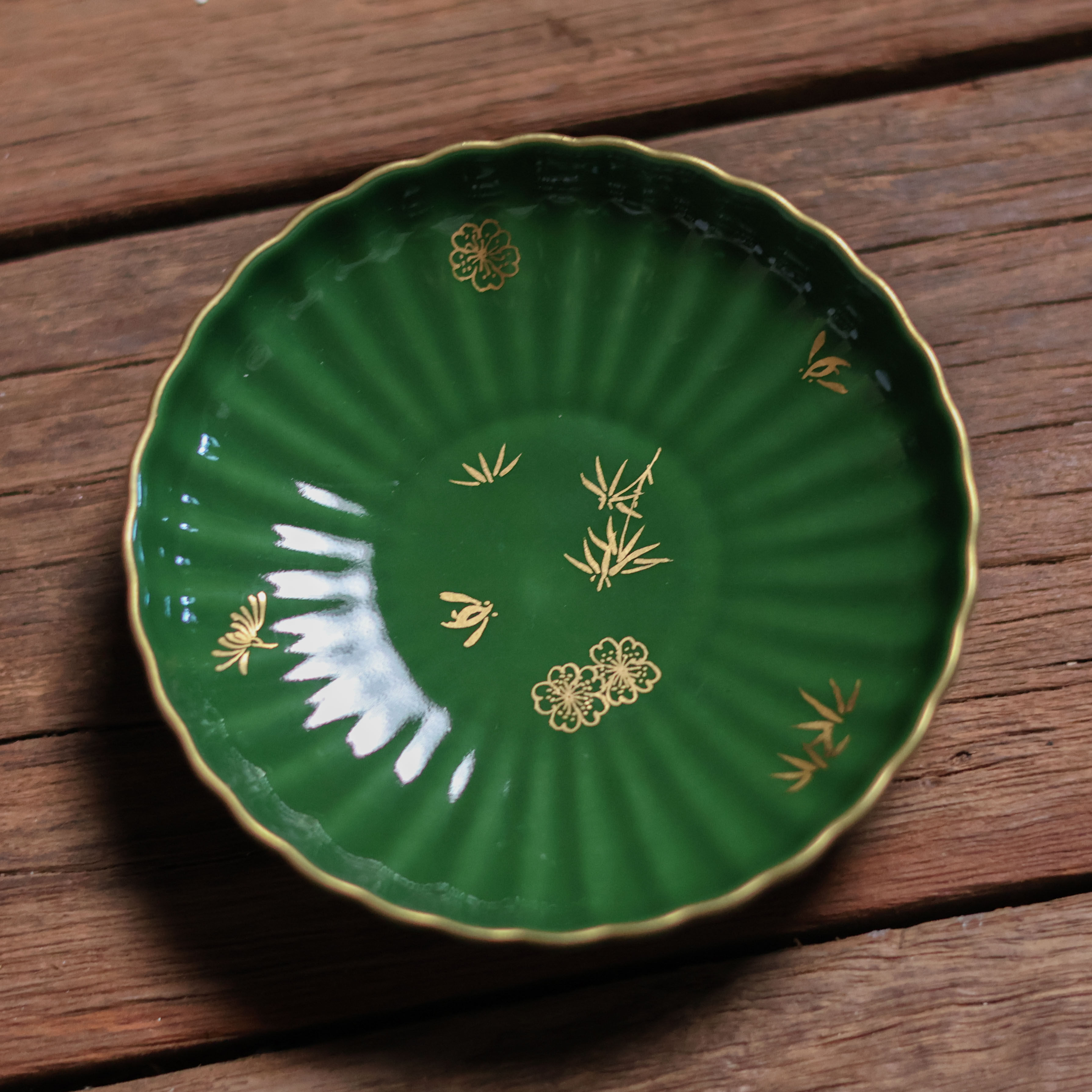 华隐堂茶具碎花石绿菊瓣壶承
