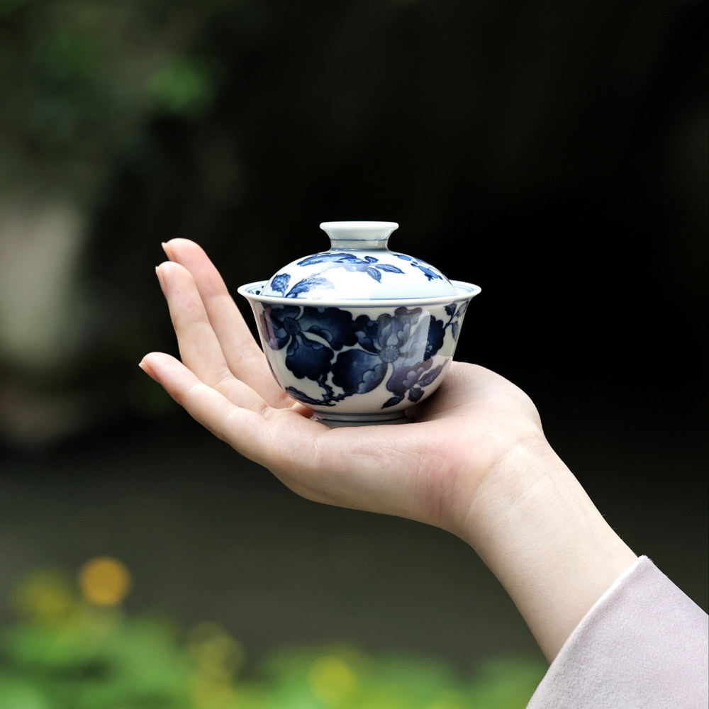 婵韵慢叩柴窑茶具青花蔷薇花盖碗