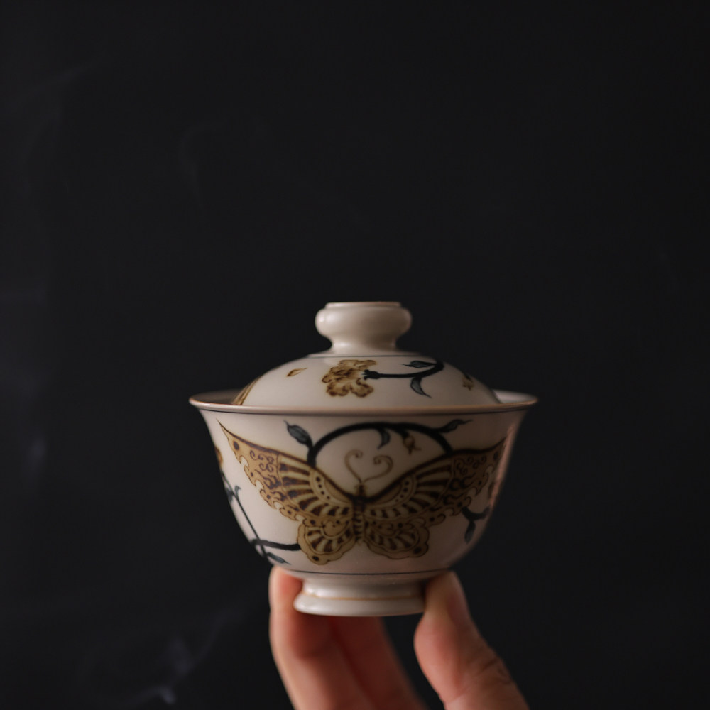 婵韵一生一物茶具手绘蝴蝶盖碗