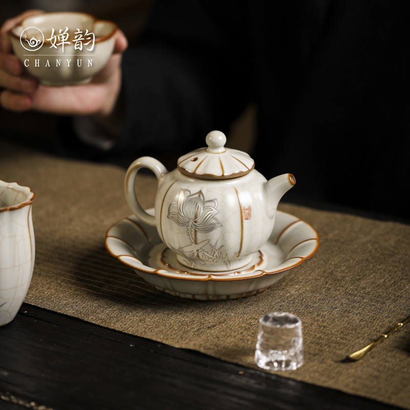 婵韵江祖清汝窑荷花茶壶茶杯鎏银手工复古家用泡茶壶小田甄选茶具 餐饮具 茶壶 原图主图