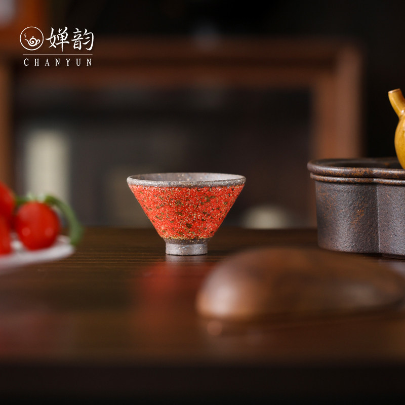 婵韵高越岩矿茶杯高足红金斗笠杯