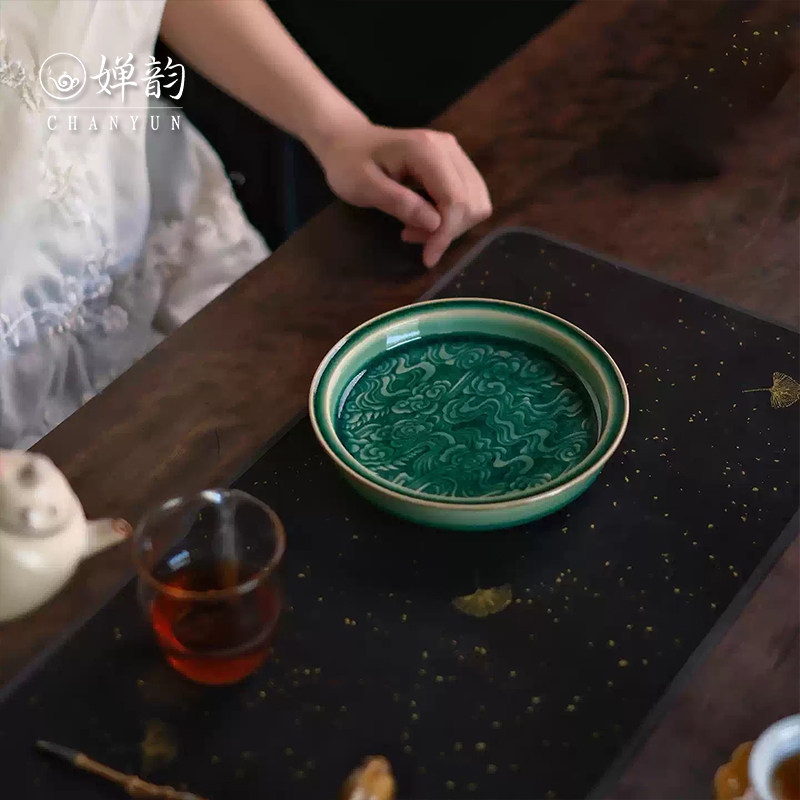梵山堂茶具松影琉璃雕刻祥云壶承