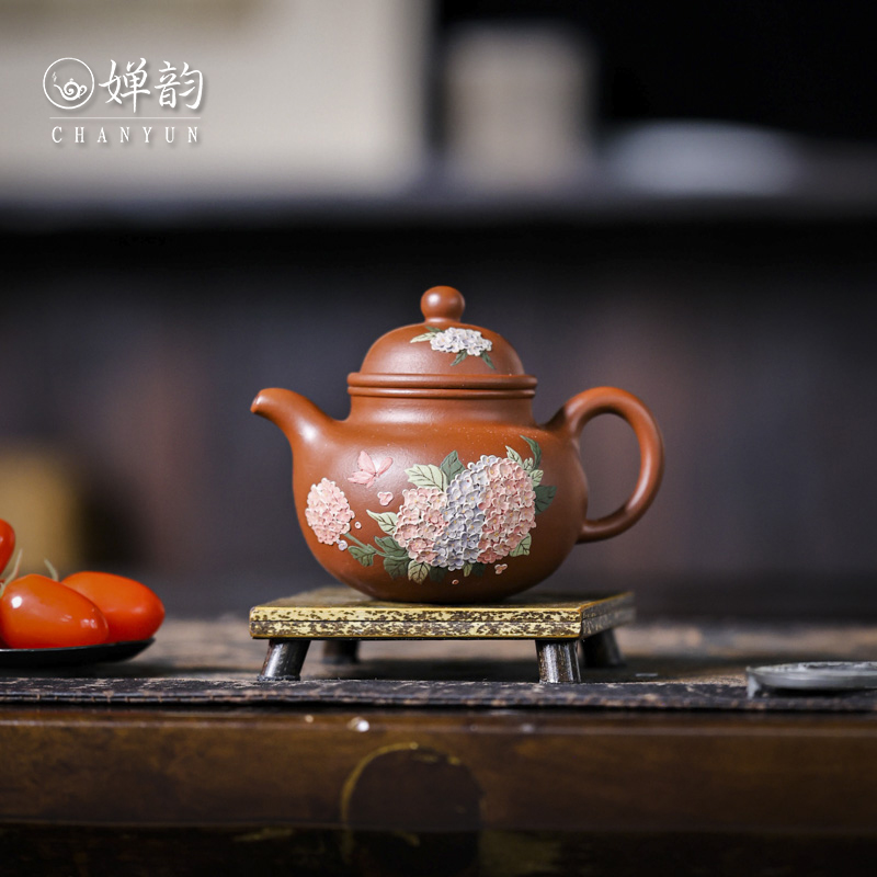 婵韵 窑云紫砂朱泥绣球花茶壶掇球壶手绘复古家用茶具泡茶壶