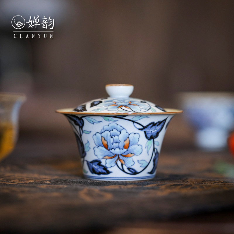 霖溪山房缠枝莲牡丹丹青盖碗茶杯