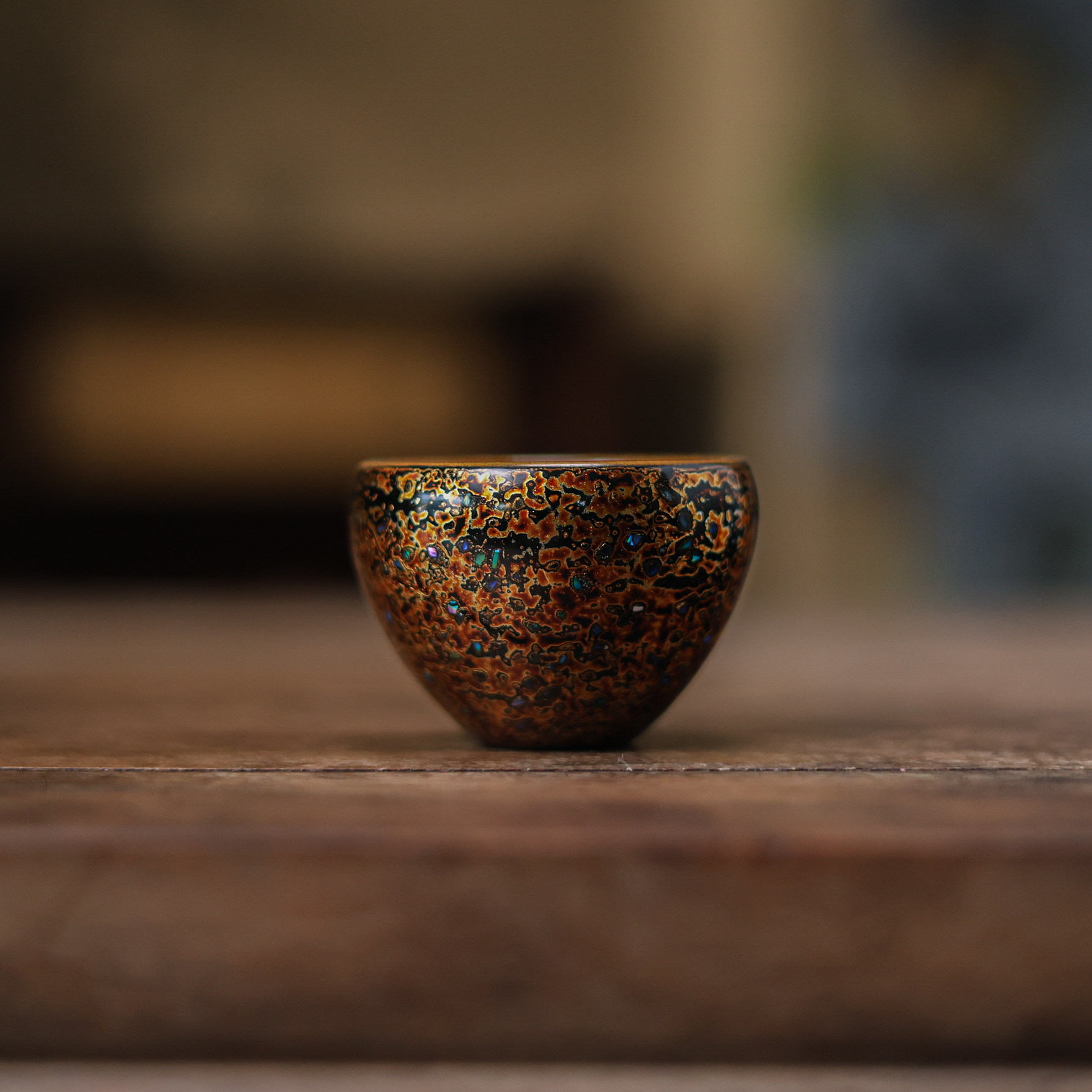 华漆堂大漆茶杯斑斓螺钿鸡心杯