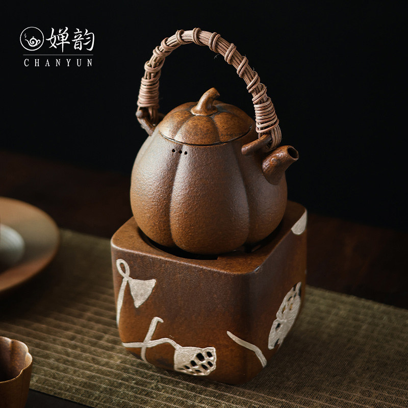 婵韵斋居灰念茶壶酱釉南瓜提梁壶描银荷塘温茶炉围炉煮茶小田月月