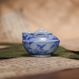 婵韵青樵轩茶具蓝地牡丹宝瓶手抓壶茶杯高足杯手绘复古家用泡茶壶