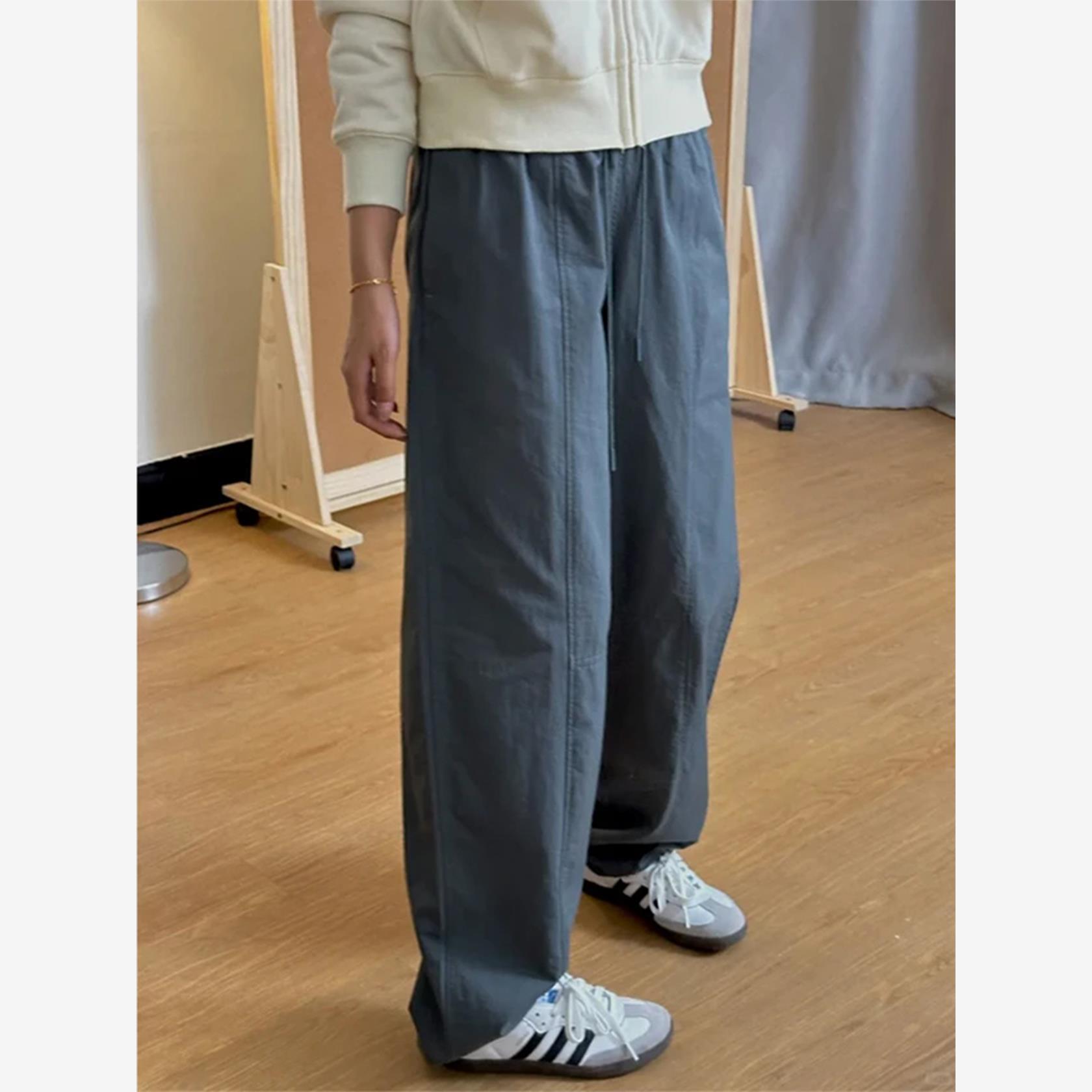 大码青灰色弯刀阔腿裤女秋季新款高腰宽松显瘦百搭直筒休闲运动裤