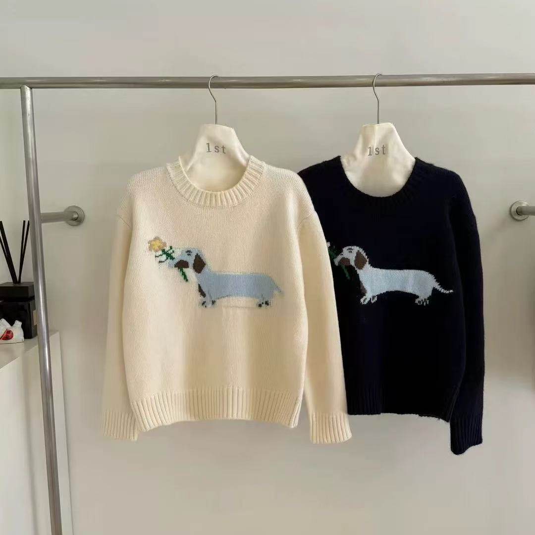 欧若夫人新款韩系小狗提花针织衫女宽松慵懒风小个子毛衣外套上衣