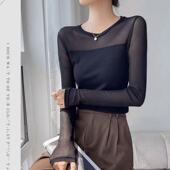 黑色春秋款 打底衫 洋气 T恤内搭显瘦紧身薄款 百搭圆领时髦网纱长袖
