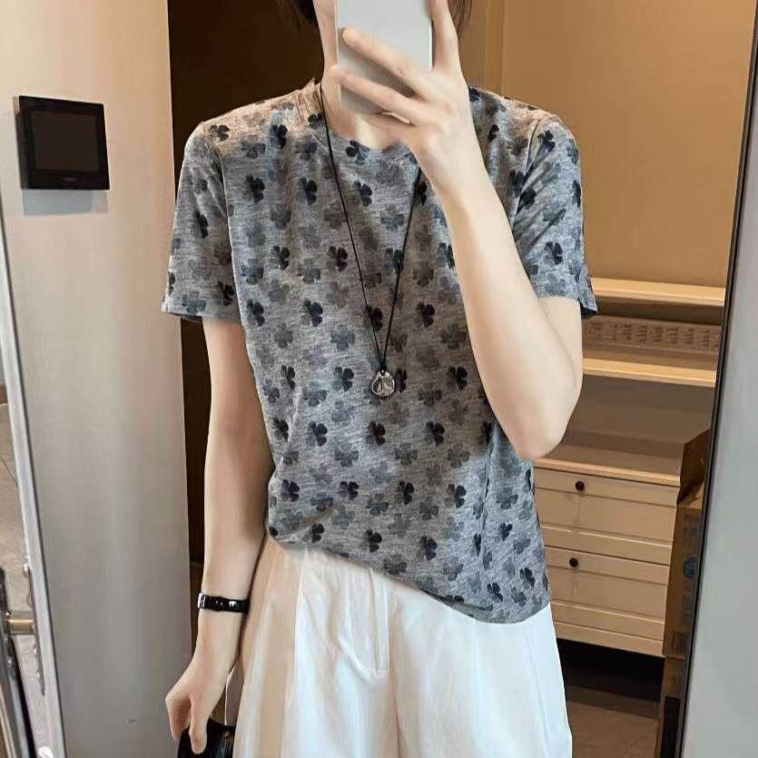 2026夏季新款大码女装胖妈妈弹力轻薄印花短袖T恤女宽松遮肉上衣