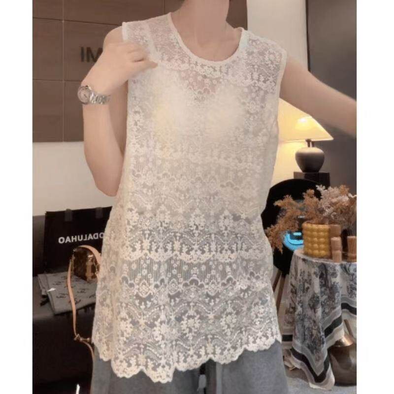高级感气质蕾丝打底衫女秋季叠穿无袖背心中长款网纱上衣镂空罩衫