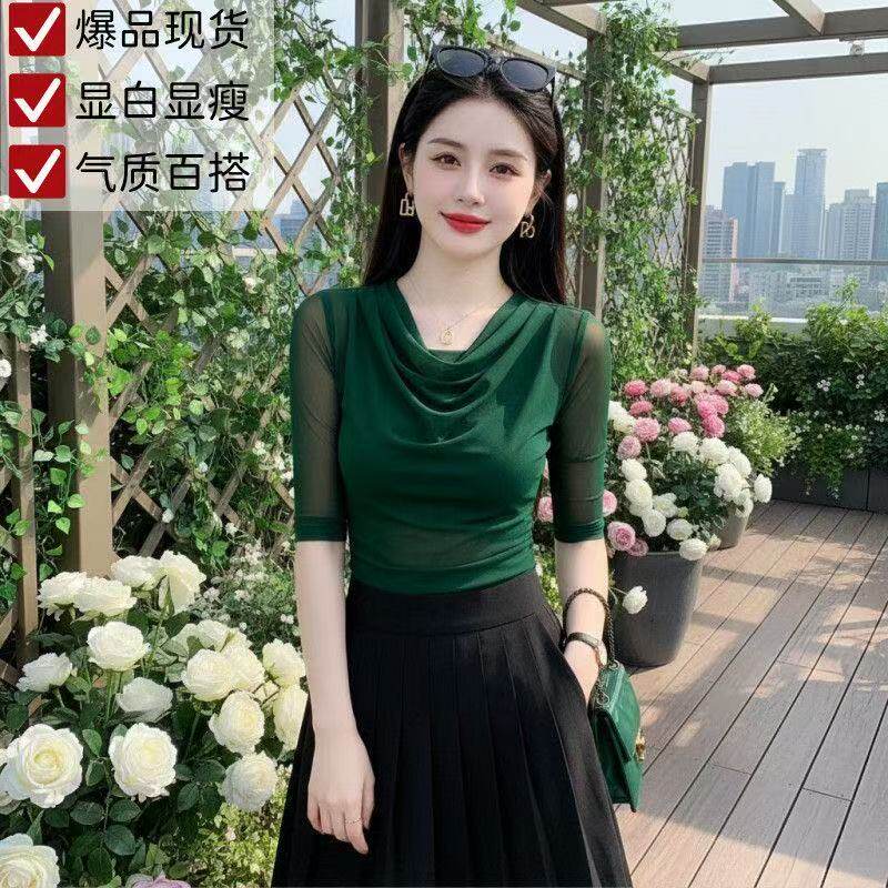 绿色网纱短袖T恤女款春夏季新款洋气时髦小衫内搭打底衫蕾丝上衣