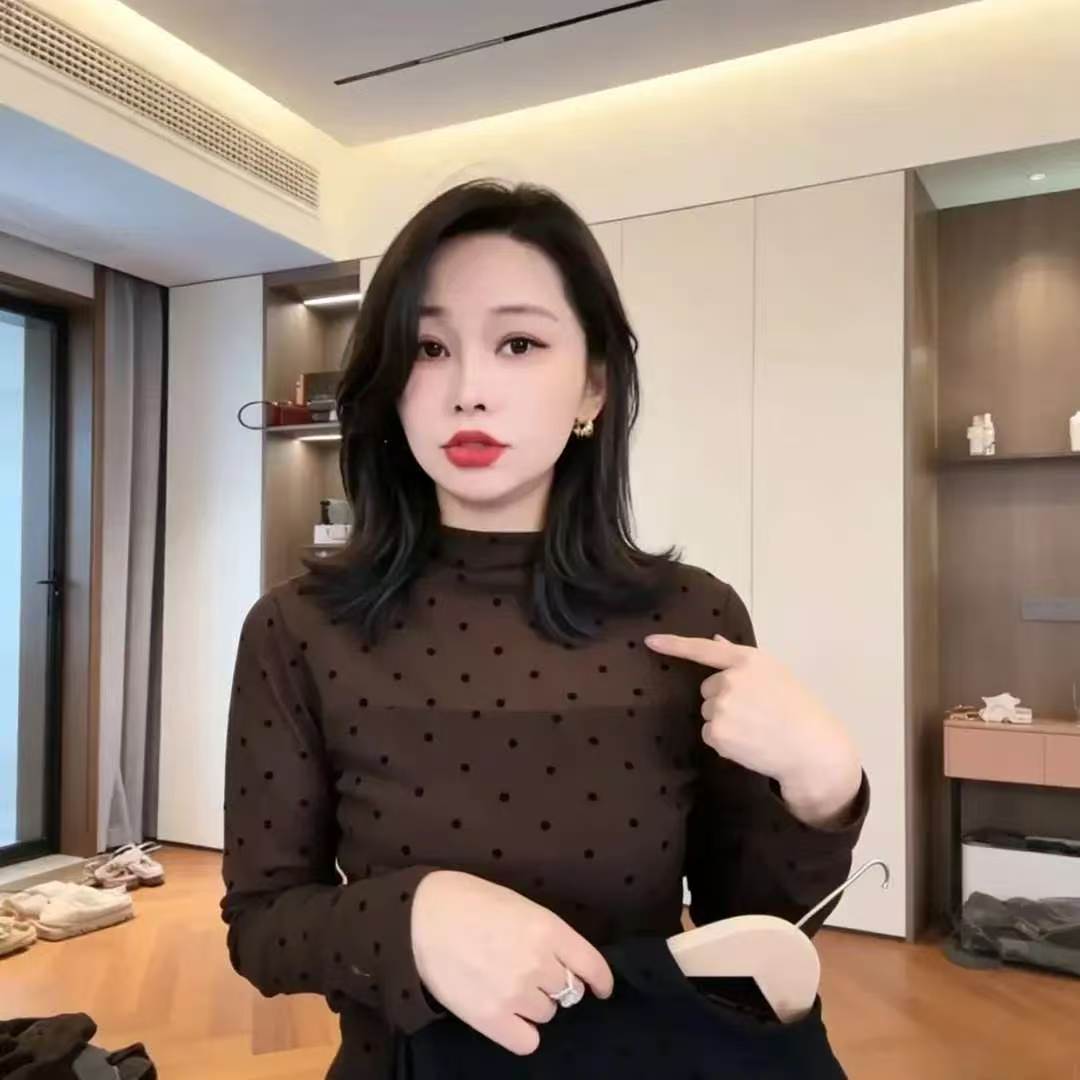 半高领波点网纱打底衫女秋冬新款修身显瘦气质百搭长袖内搭上衣
