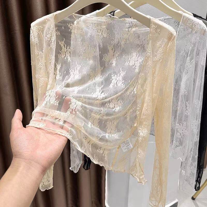 气质开衫女薄纱外搭休闲木耳边蕾丝小披肩夏季配吊带裙子短款罩衫