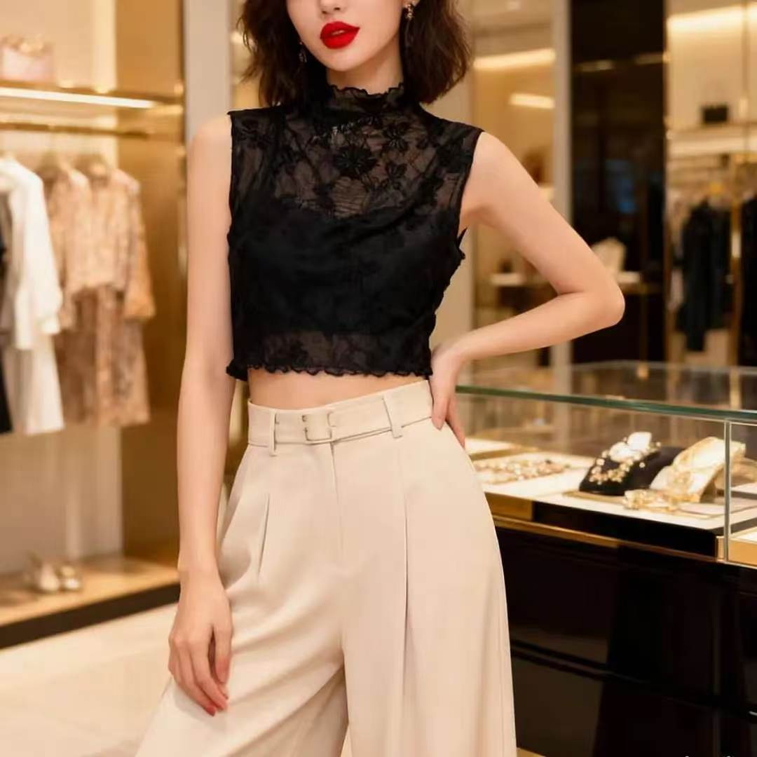 高级蕾丝假领子女款新款高档薄款洋气百搭夏季黑色2026打底衫图片