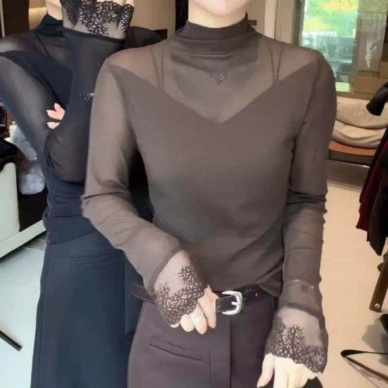 秋冬季新款中圆领网纱修身显瘦洋气百搭长袖蕾丝拼接打底女士
