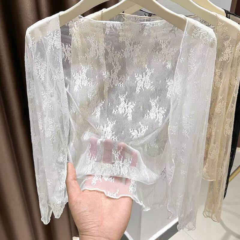 气质开衫女薄纱外搭休闲木耳边蕾丝小披肩夏季配吊带裙子短款罩衫