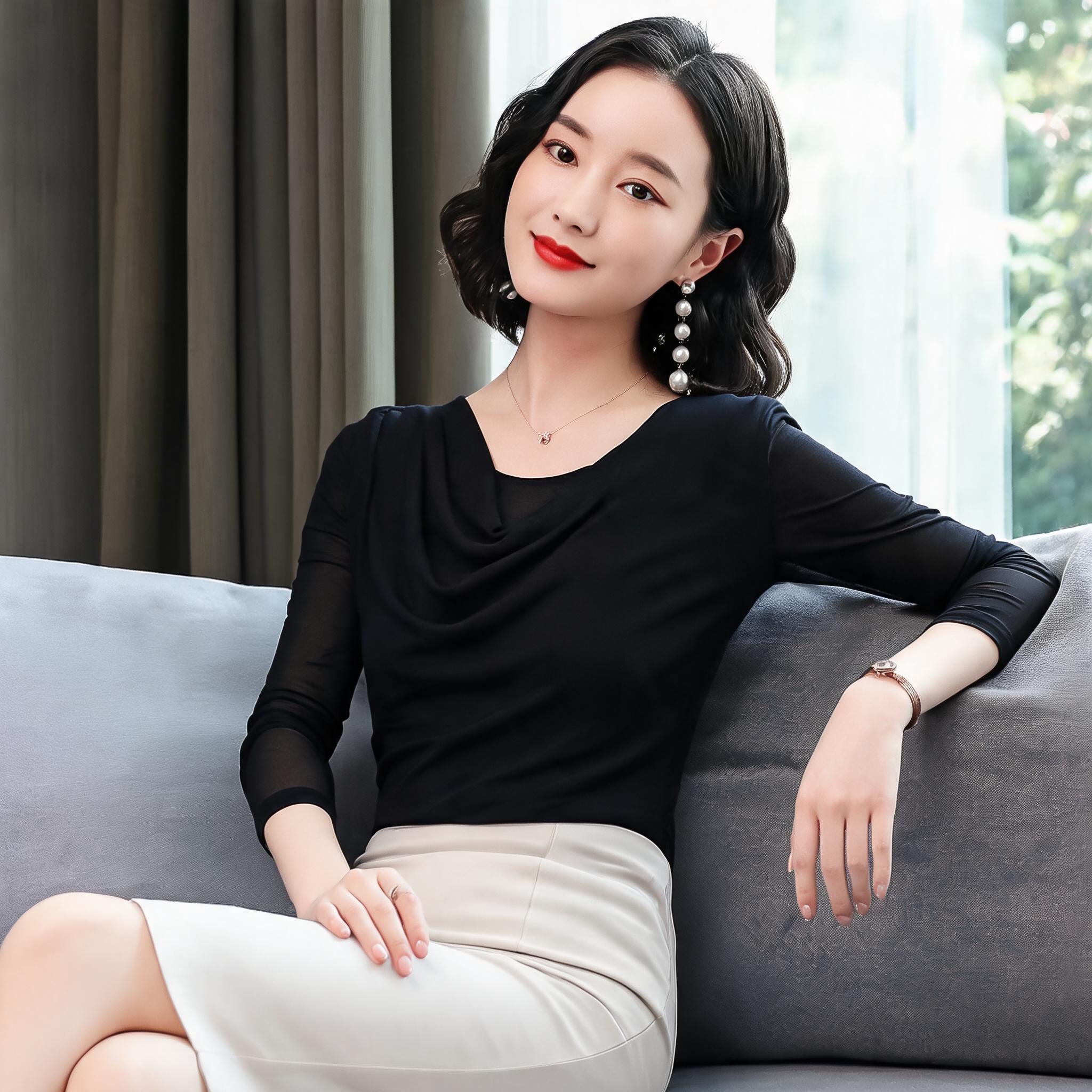 时尚洋气蕾丝网纱拼接上衣女2026秋冬长袖修身显瘦百搭打底内搭