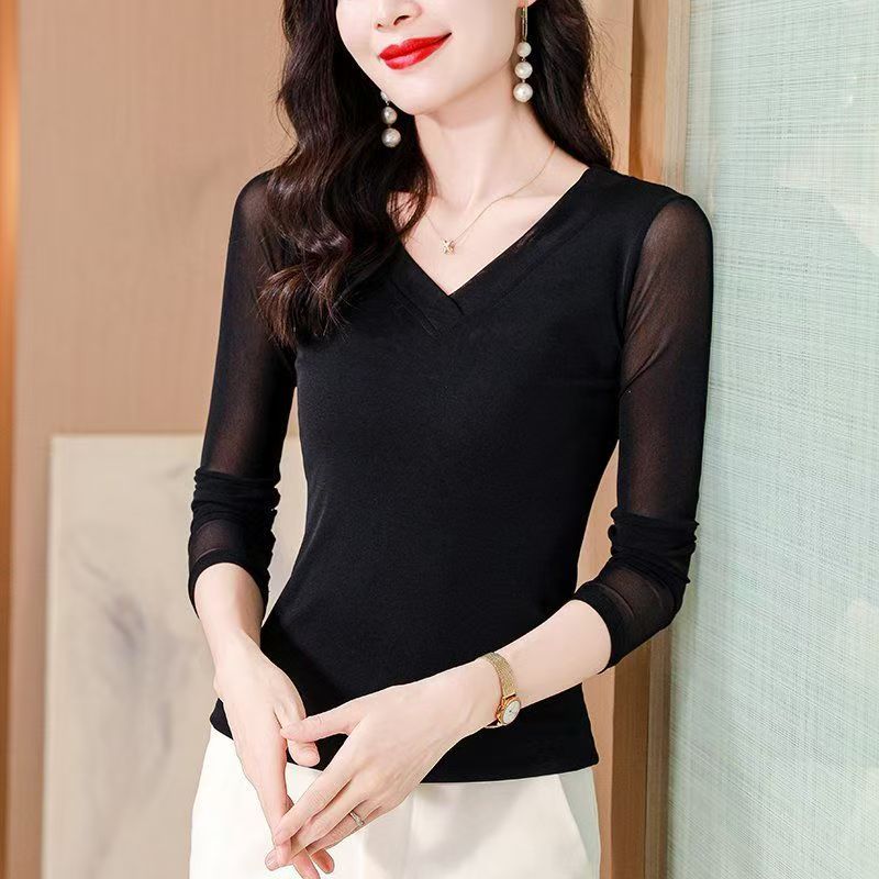 春秋新款V领长袖修身显瘦百搭女士网纱打底衫纯欲洋气舞蹈上衣
