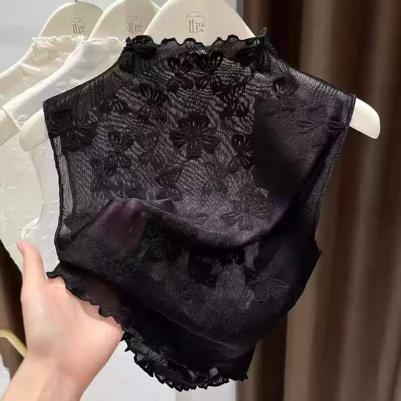 秋季新款半高领蕾丝假领子网纱无袖背心买一送一叠穿内搭打底衫
