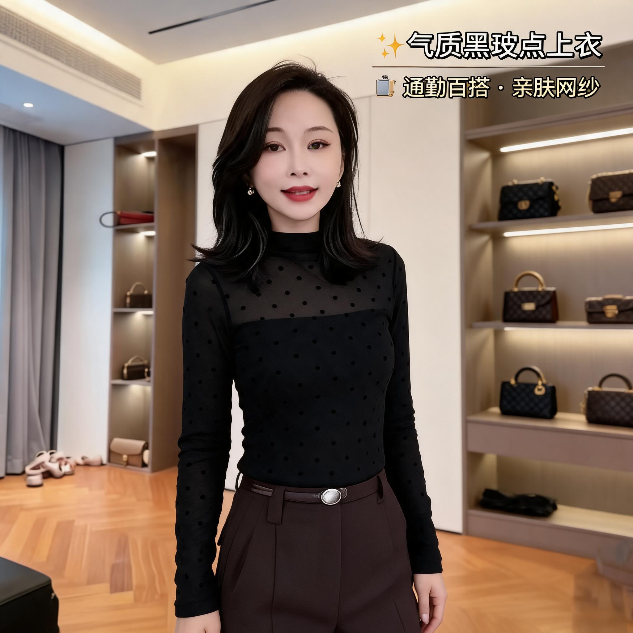 秋季女士半高领长袖打底衫波点网纱质感显瘦修身简约百搭T恤小衫