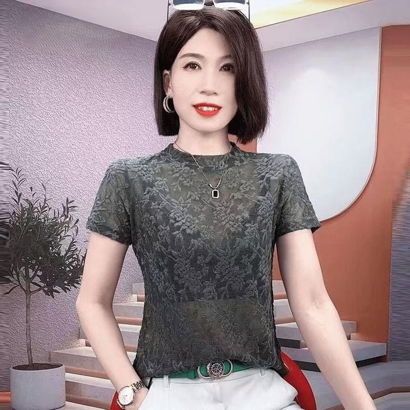 薄款蕾丝短袖T恤女夏季2026新款微透视镂空半袖t恤打底外穿小衫