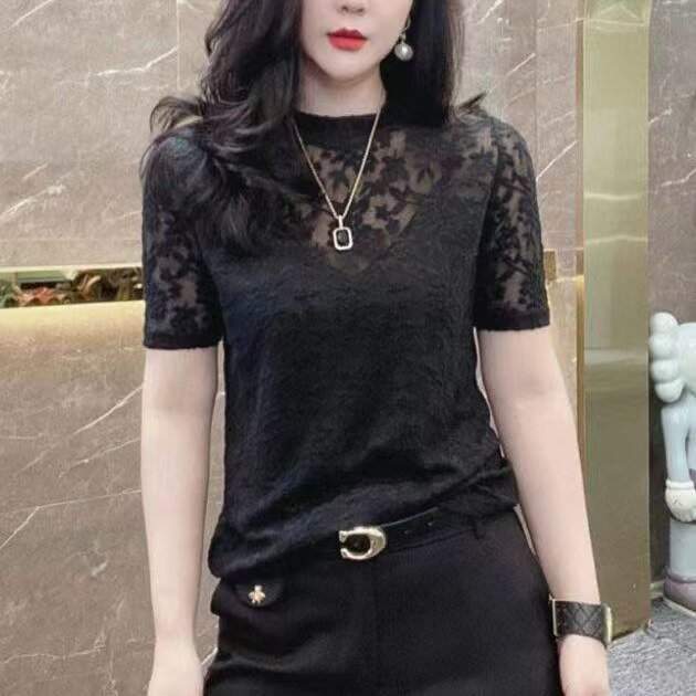 设计感提花网纱蕾丝拼接圆领短袖冰丝小衫t恤女修身显瘦打底衫