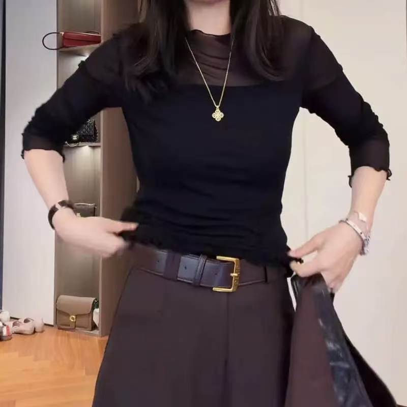 木耳边半高领网纱蕾丝打底衫女