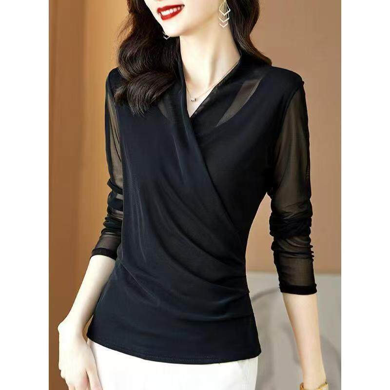 高级感v领黑色长袖T恤女春秋季大码遮肚子显瘦内搭打底衫欧货上衣