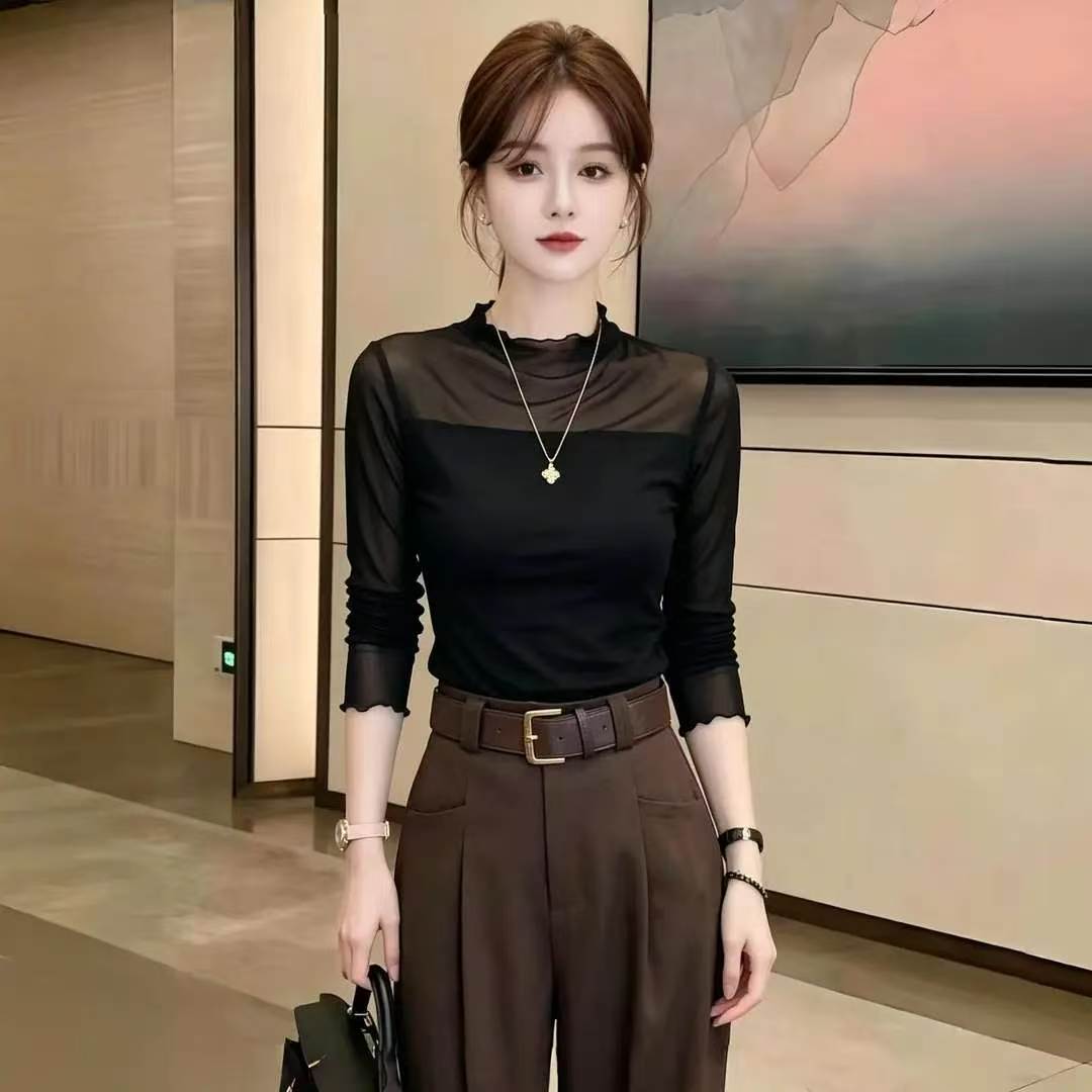 半高领网纱打底衫女2026春秋新款薄纱微透洋气内搭木耳边长袖上衣