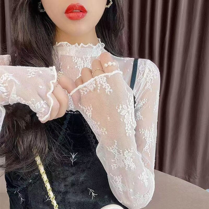 透视半高领蕾丝小衫女秋冬2026新款木耳边网纱打底衫薄款内搭