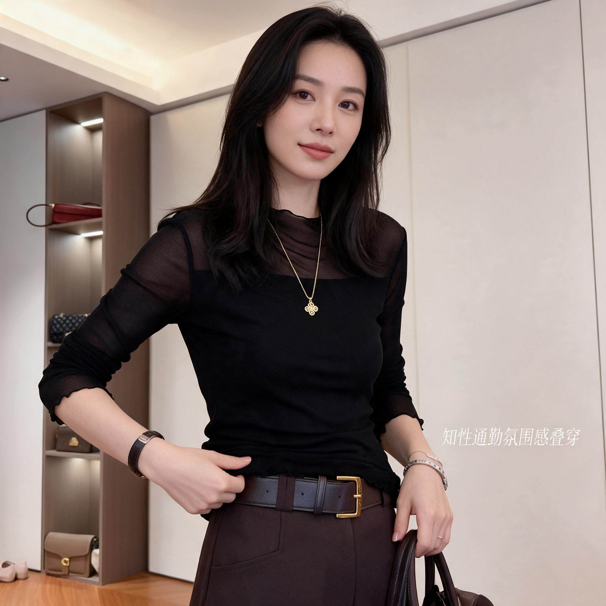 秋季薄款蕾丝衫女半高领木耳边网纱长袖弹力修身显瘦打底内搭衫