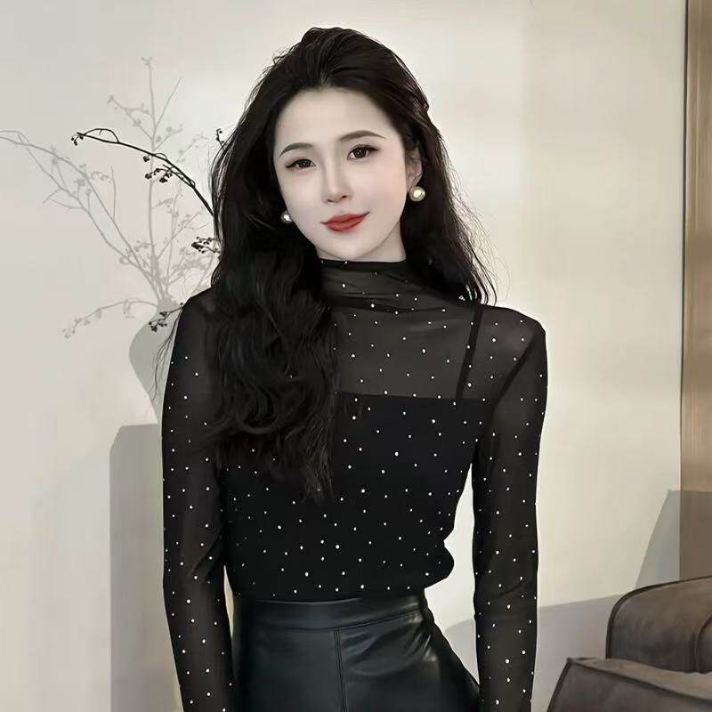 高级感轻奢闪闪上衣薄款洋气法式绝美气质黑色网纱T恤打底衫显瘦图片
