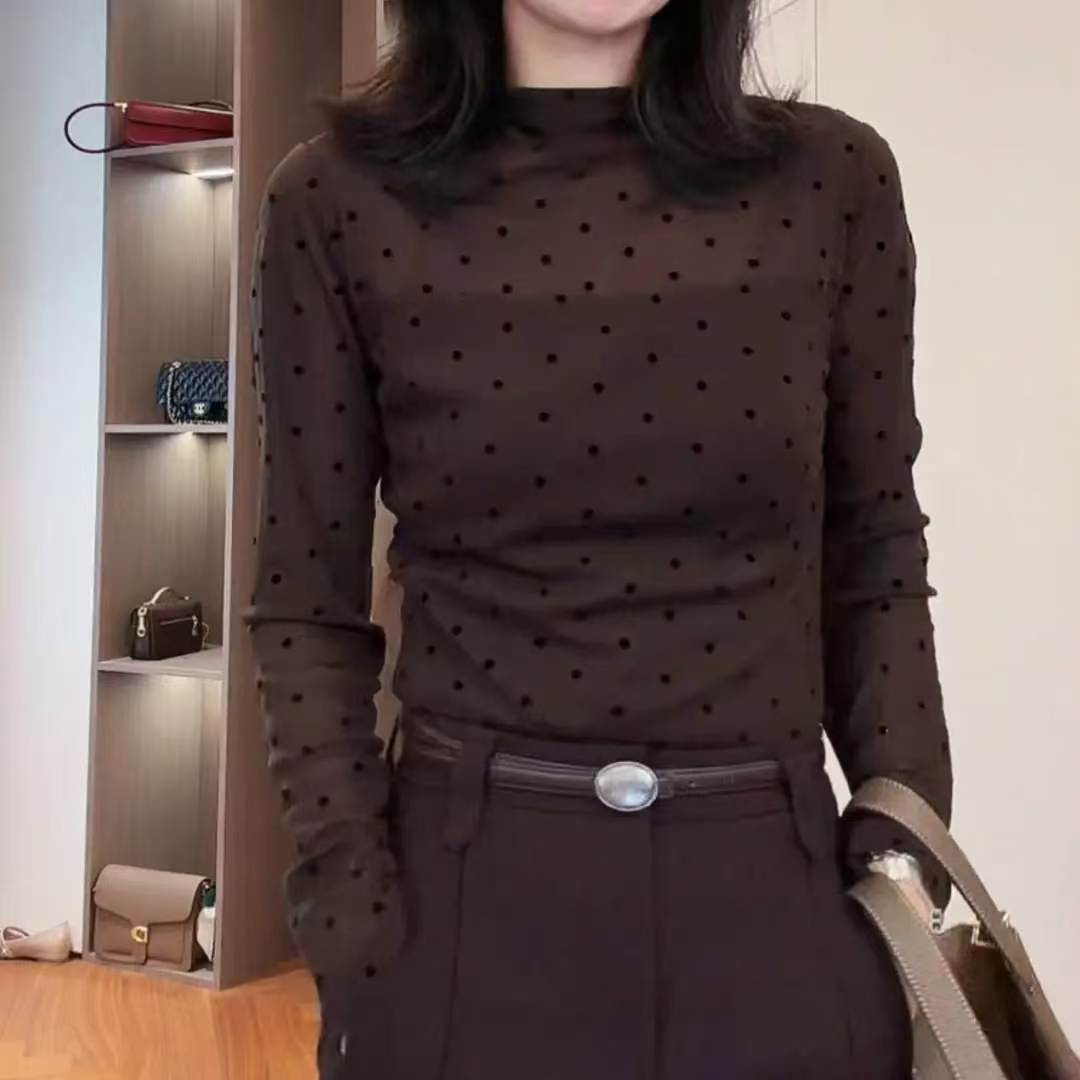 时尚半高领长袖T恤2026女秋季新款波点网纱显瘦百搭打底衫