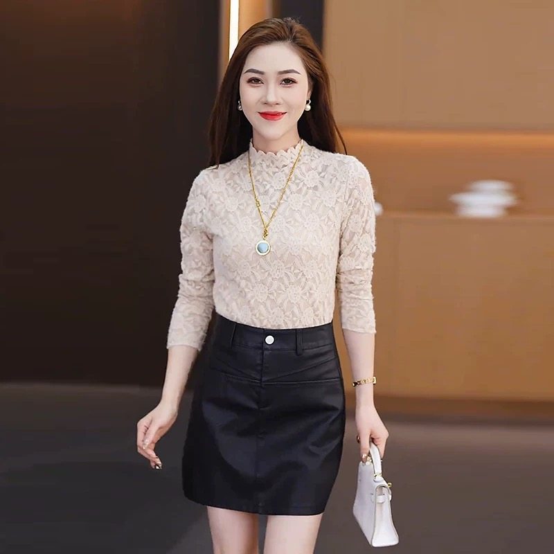 千金风时尚蕾丝打底衫女半高领长袖镂空修身秋冬内搭百搭上衣