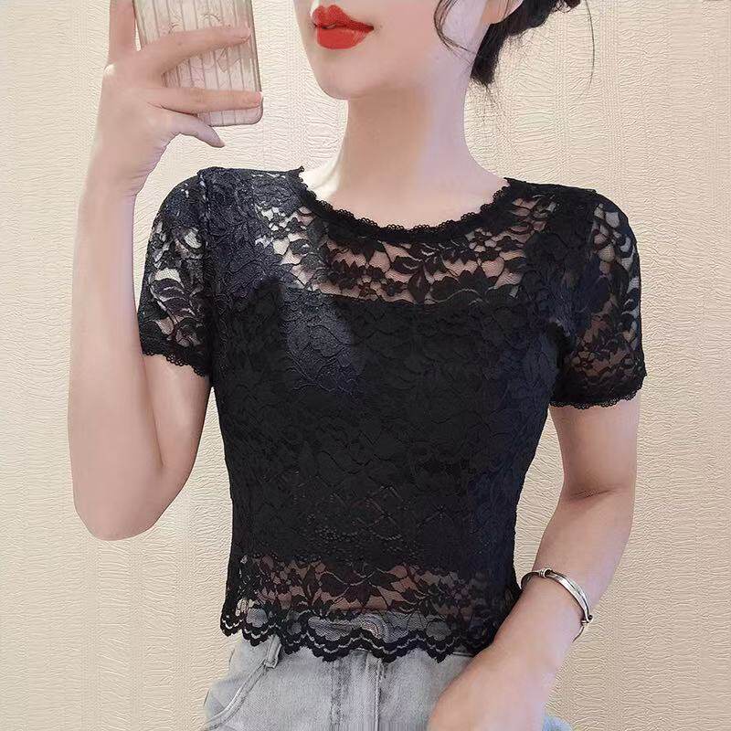 【修身百搭】蕾丝短袖t恤女洋气网纱镂空打底小衫短款小众上衣