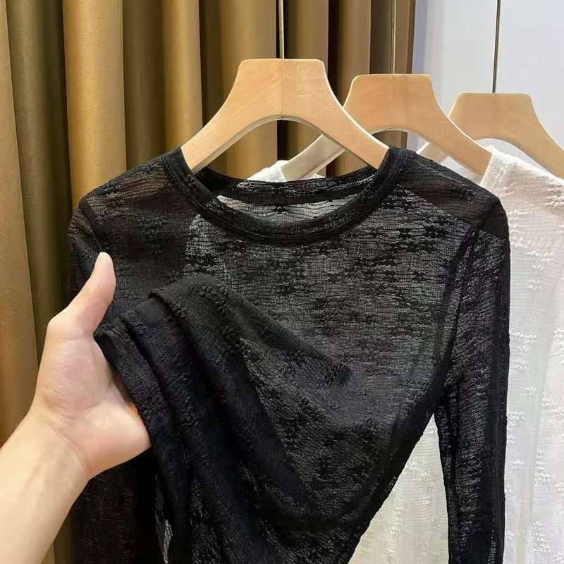 春秋黑色蕾丝长袖打底衫显瘦