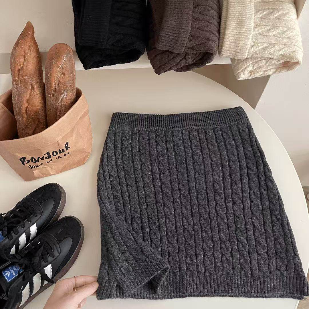 秋冬百搭纯色复古高腰包臀麻花短裙显瘦半身裙高腰百搭裙子时尚