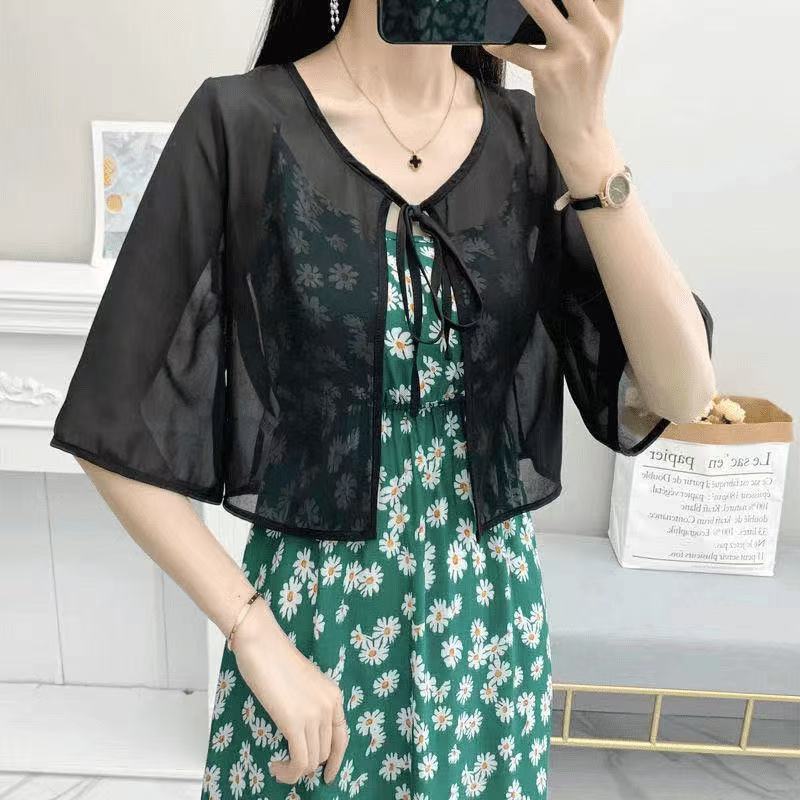 系带披肩开衫防晒小披肩短款五分袖新款网纱薄款宽松外搭冰丝夏季