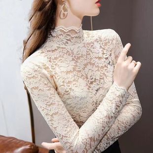 长袖 性感网纱镂空钩花洋气上衣修身 女内搭秋冬新款 高领蕾丝打底衫
