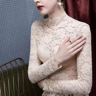 立领百搭半高领蕾丝打底衫女长袖修身性感网纱镂空钩花上衣