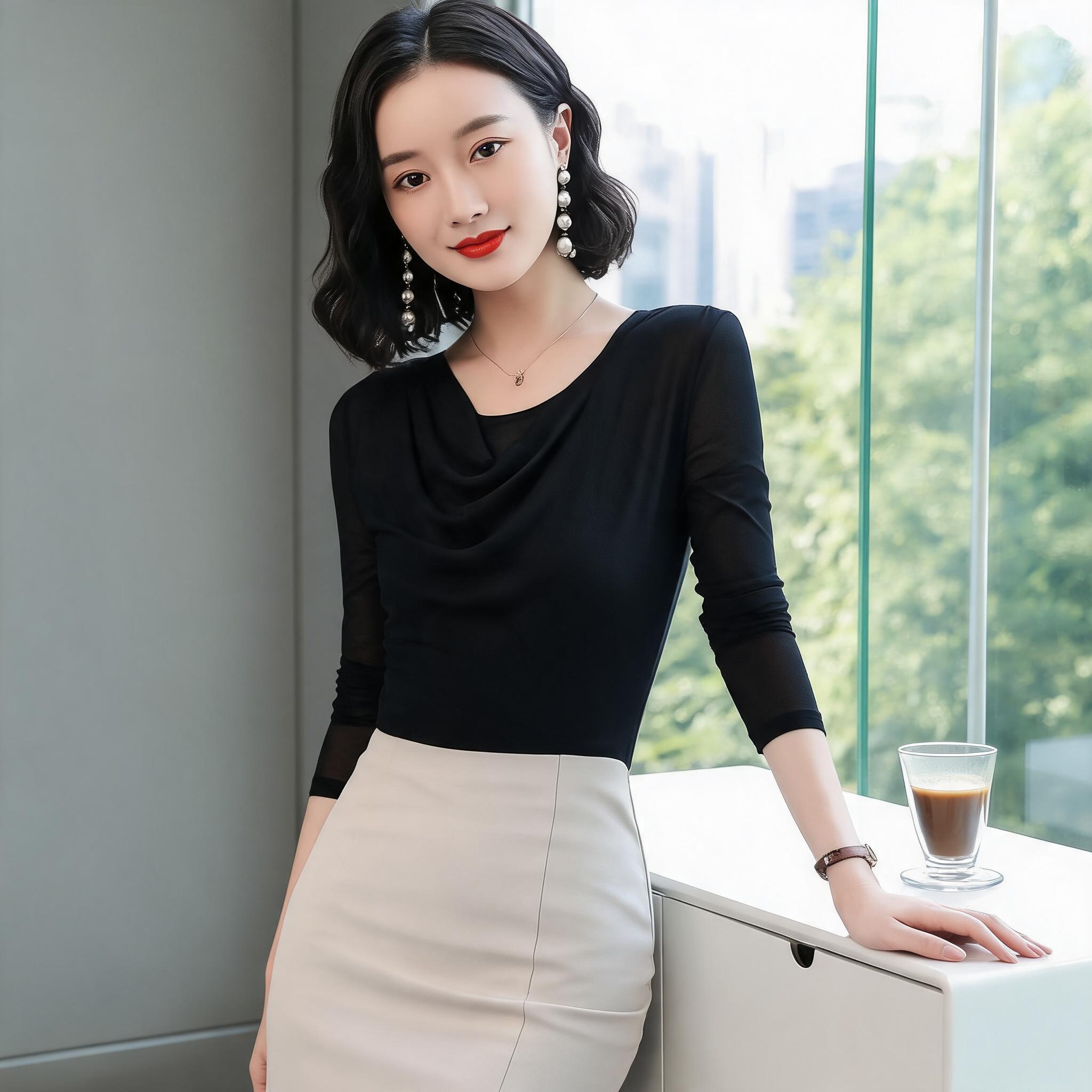 气质感堆堆领网纱长袖打底衫女秋冬修身显瘦百搭洋气叠穿上衣