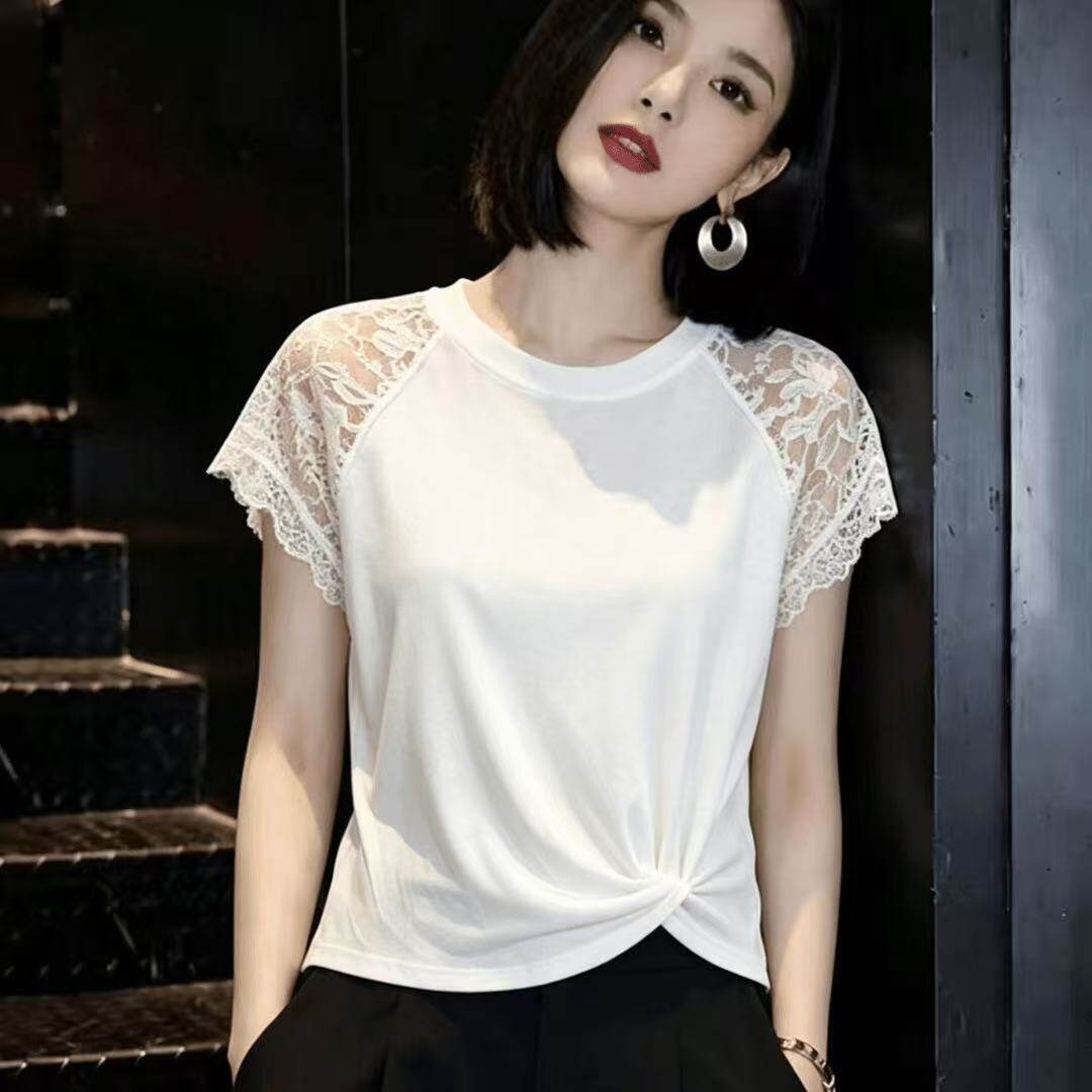 【复古蕾丝】夏季韩系蕾丝拼接短袖T恤女新款温柔修身上衣百搭