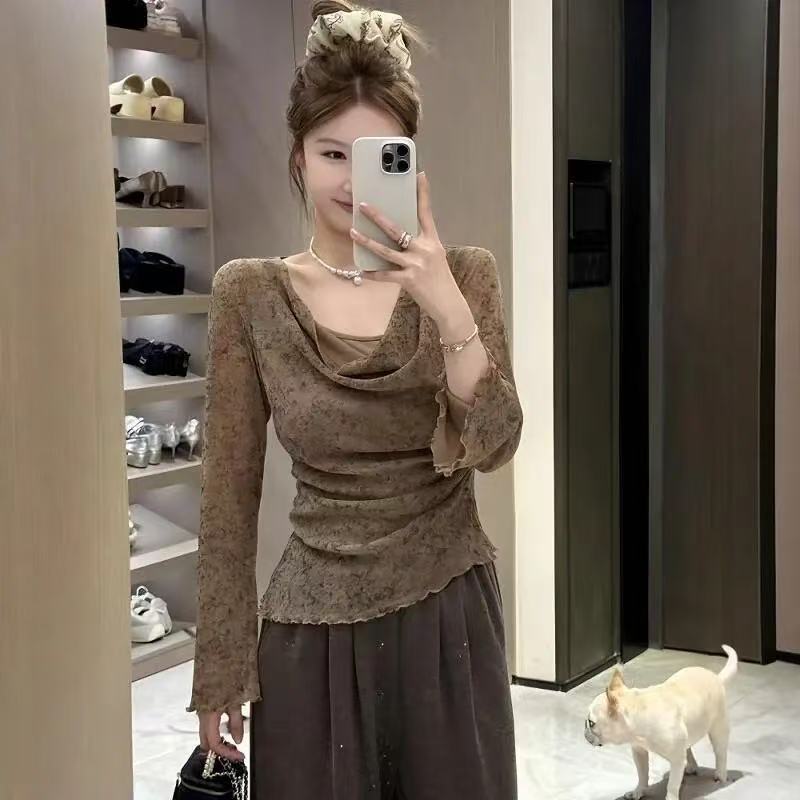 韩版温柔风不规则设计长袖上衣大码胖mm时尚高级修身打底衫女