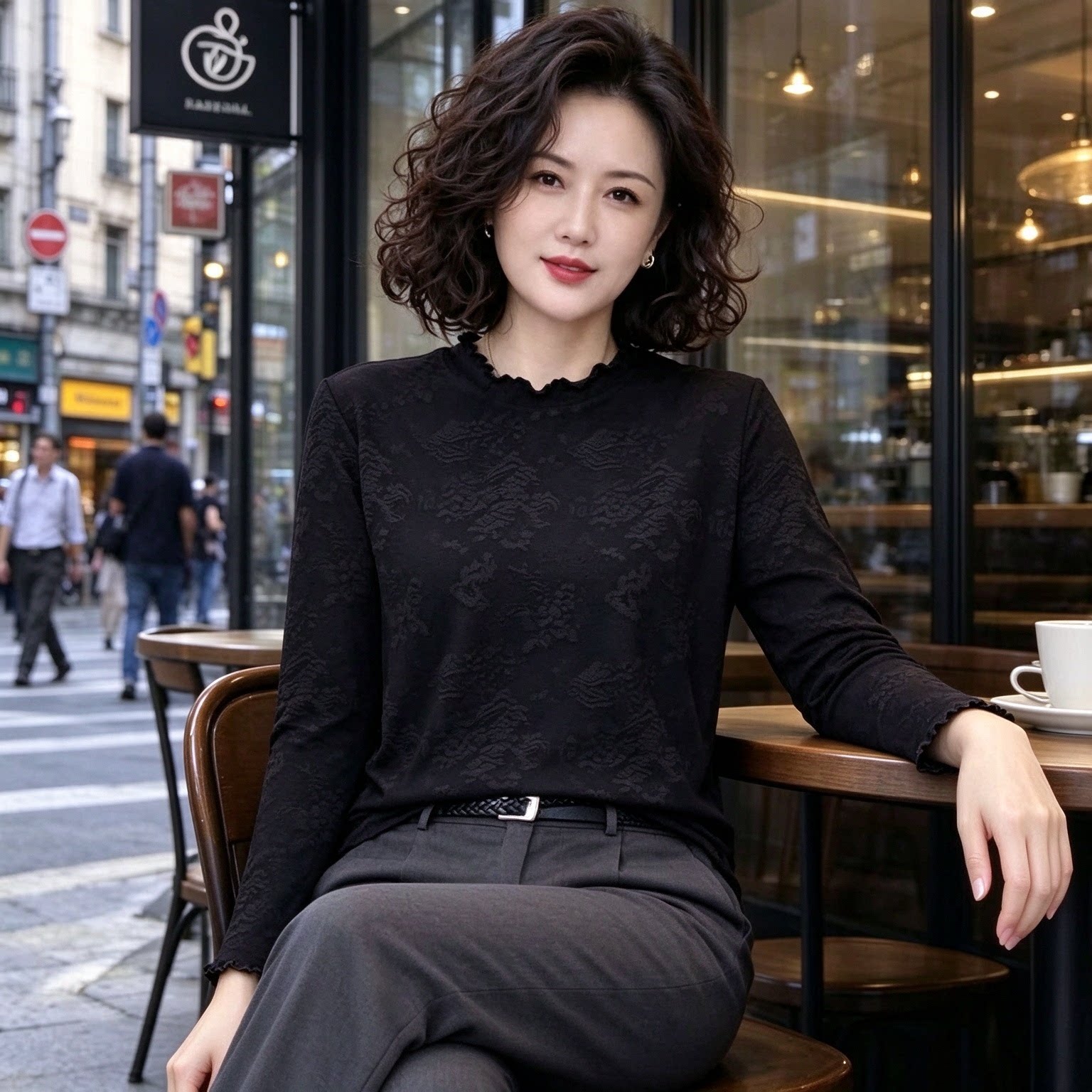 秋季复古显瘦荷叶领长袖T恤女